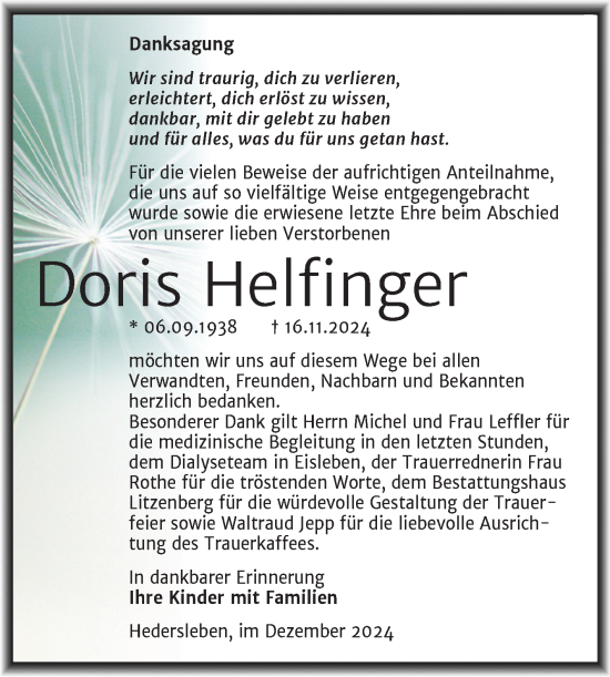 Traueranzeige von Doris Helfinger von Trauerkombi Mansfelder Land