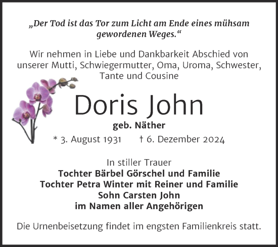 Traueranzeige von Doris John von Trauerkombi Weißenfels
