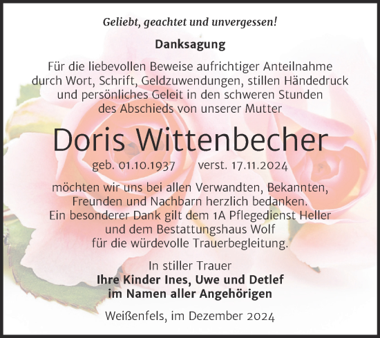 Traueranzeige von Doris Wittenbecher von Trauerkombi Weißenfels