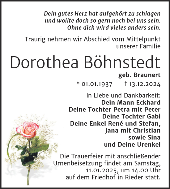 Traueranzeige von Dorothea Böhnstedt von Trauerkombi Quedlinburg