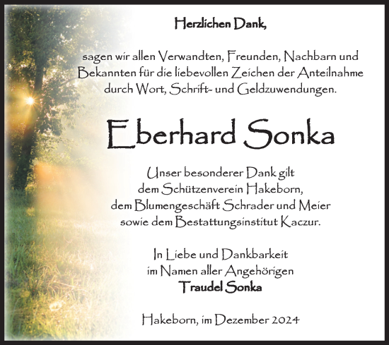 Traueranzeige von Eberhard Sonka von Volksstimme Staßfurt