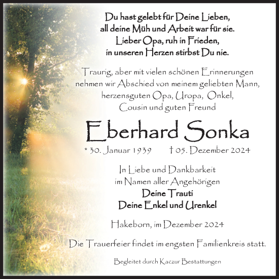Traueranzeige von Eberhard Sonka von Volksstimme Staßfurt