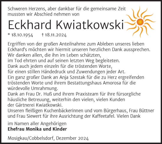 Traueranzeige von Eckhard Kwiatkowski von Trauerkombi Dessau