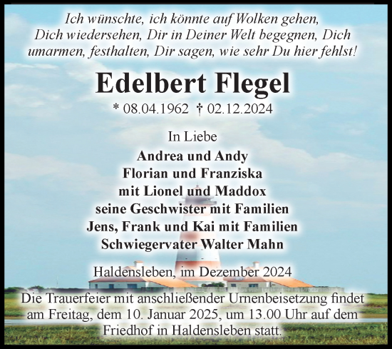 Traueranzeige von Edelbert Flegel von Volksstimme Haldensleben/Wolmirstedt