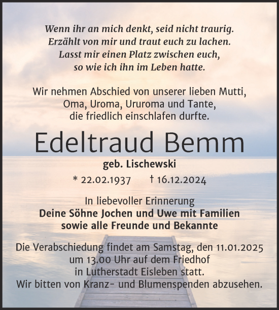 Traueranzeige von Edeltraud Bemm von Trauerkombi Mansfelder Land