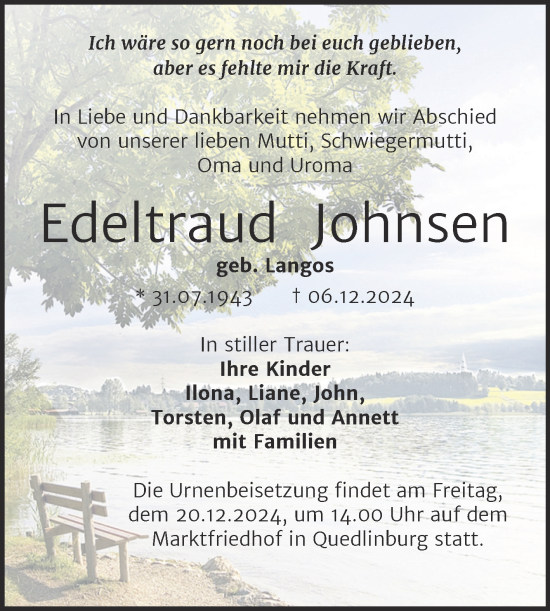 Traueranzeige von Edeltraud Johnsen von Trauerkombi Quedlinburg