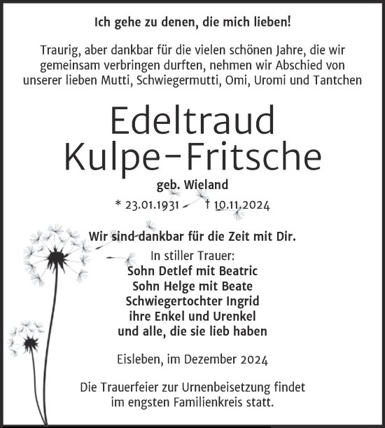 Traueranzeige von Edeltraud Kulpe-Fritsche von Trauerkombi Mansfelder Land