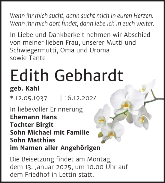 Traueranzeige von Edith Gebhardt von Mitteldeutsche Zeitung Halle/Saalkreis