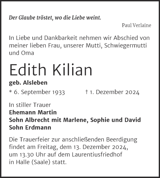 Traueranzeige von Edith Kilian von Mitteldeutsche Zeitung Halle/Saalkreis