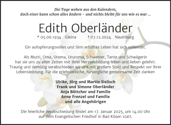 Traueranzeige von Edith Oberländer von Naumburger Tageblatt