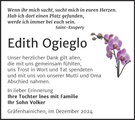 Traueranzeige von Edith Ogieglo von Trauerkombi Wittenberg