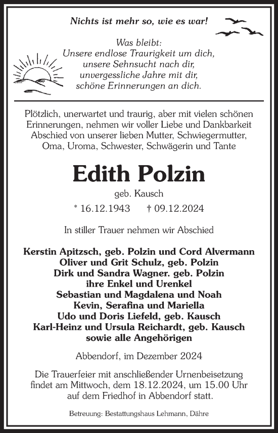 Traueranzeige von Edith Polzin von Volksstimme Altmark West