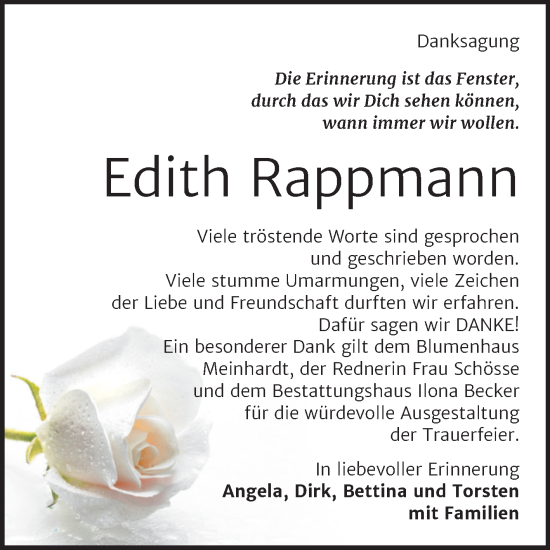 Traueranzeige von Edith Rappmann von Trauerkombi Sangerhausen