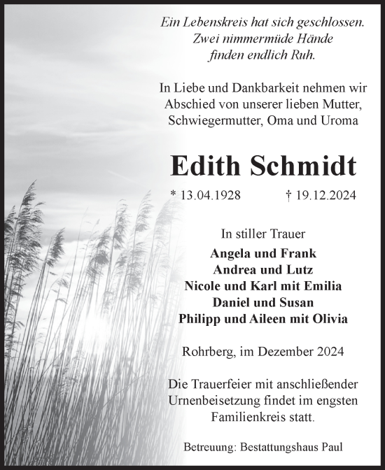 Traueranzeige von Edith Schmidt von Volksstimme Altmark West