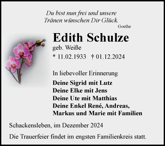 Traueranzeige von Edith Schulze von Volksstimme Haldensleben/Wolmirstedt