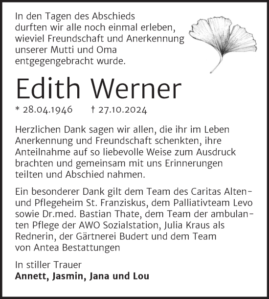 Traueranzeige von Edith Werner von Trauerkombi Weißenfels