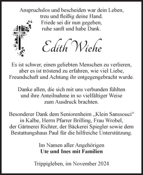 Traueranzeige von Edith Wiehe von Volksstimme Altmark West
