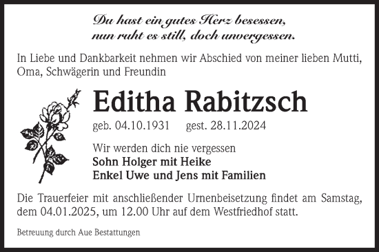 Traueranzeige von Editha Rabitzsch von Volksstimme Magdeburg