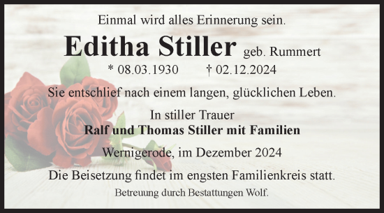 Traueranzeige von Editha Stiller von Volksstimme Wernigerode