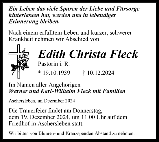 Traueranzeige von Edith Christa Fleck von Mitteldeutsche Zeitung Aschersleben