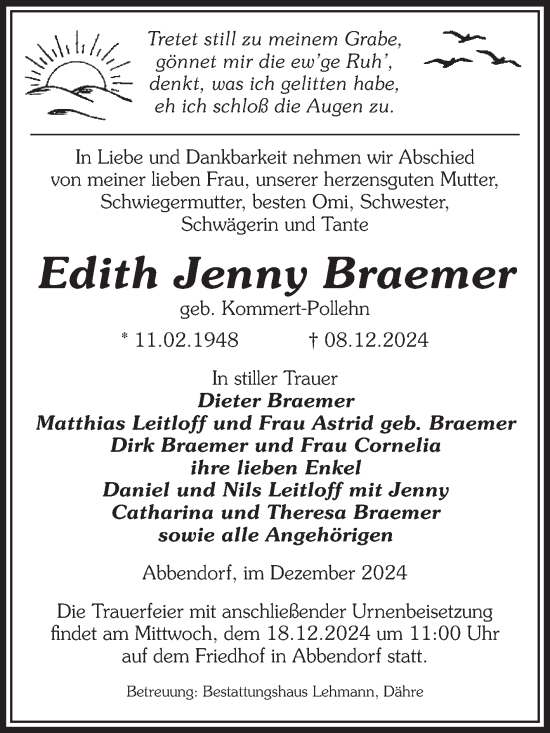 Traueranzeige von Edith Jenny Braemer von Volksstimme Altmark West
