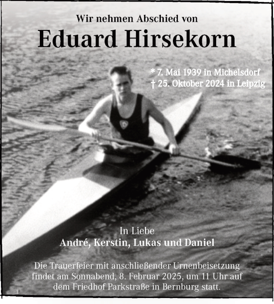Traueranzeige von Eduard Hirsekorn von Trauerkombi Bernburg