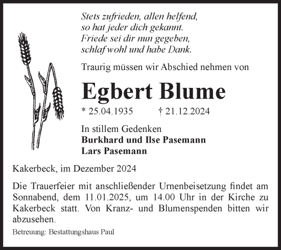 Traueranzeige von Egbert Blume von Volksstimme Altmark West