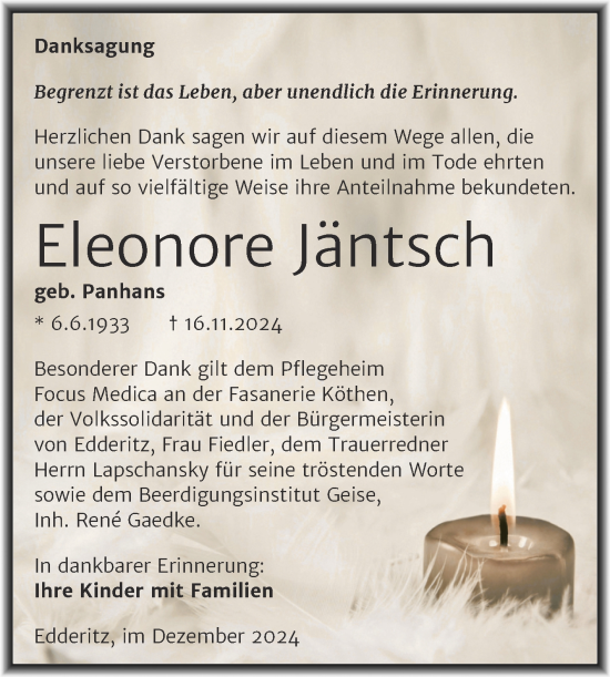 Traueranzeige von Eleonore Jäntsch von Trauerkombi Köthen