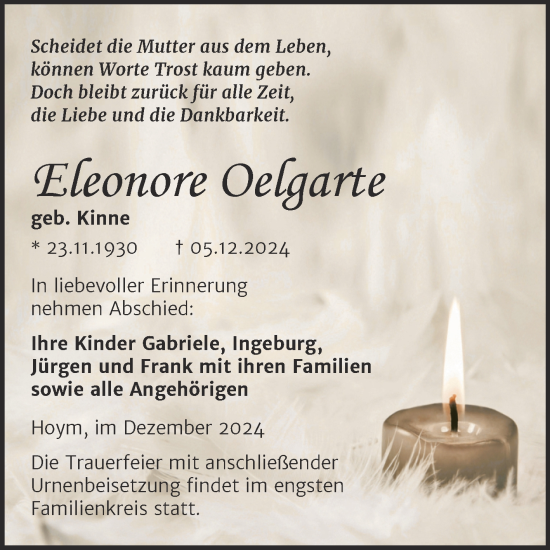 Traueranzeige von Eleonore Oelgarte von Trauerkombi Aschersleben