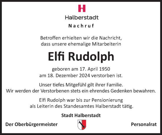Traueranzeige von Elfi Rudolph von Volksstimme Halberstadt