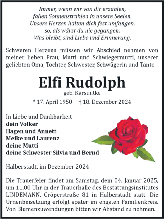 Traueranzeige von Elfi Rudolph von Volksstimme Halberstadt