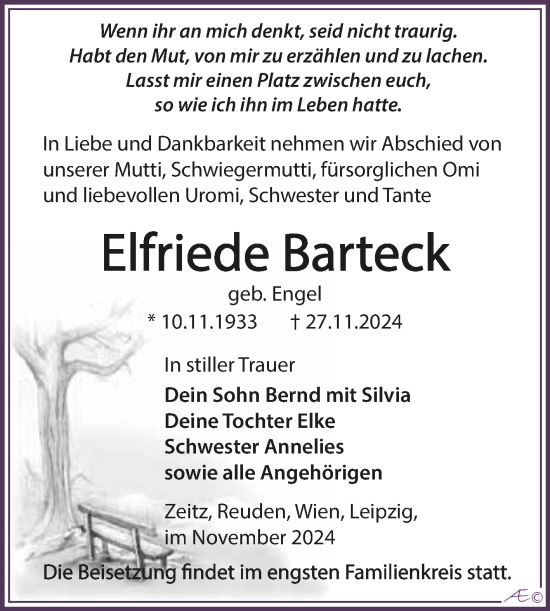 Traueranzeige von Elfriede Barteck von Trauerkombi Zeitz