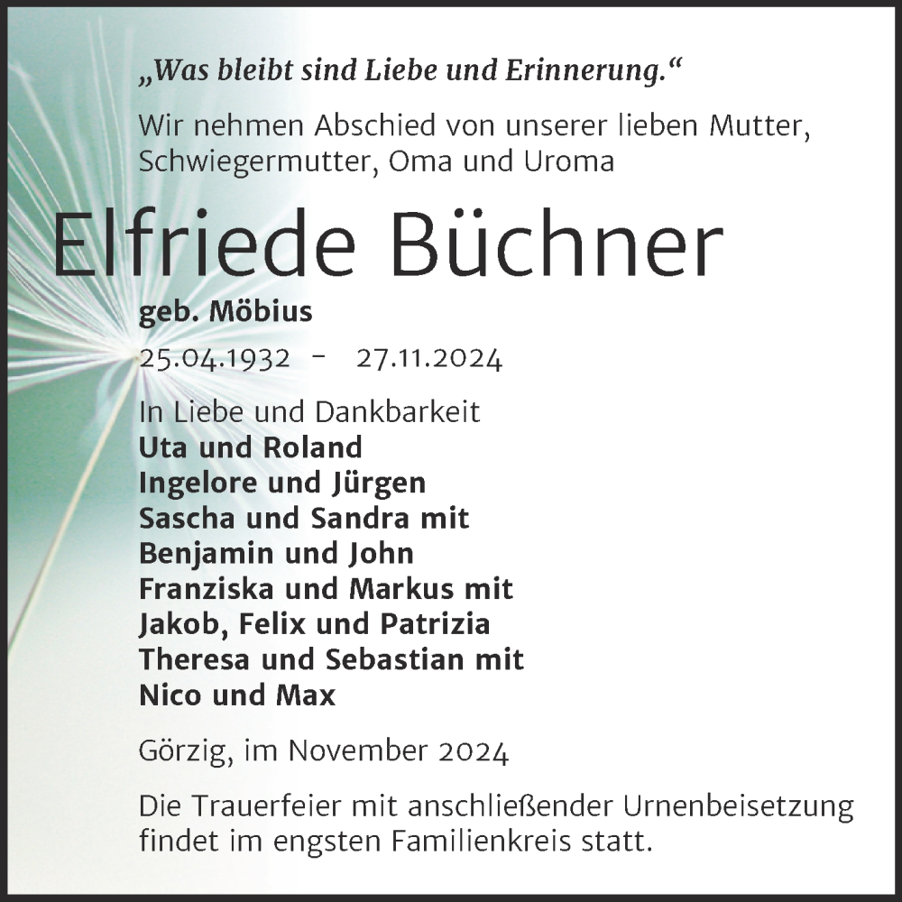  Traueranzeige für Elfriede Büchner vom 07.12.2024 aus 