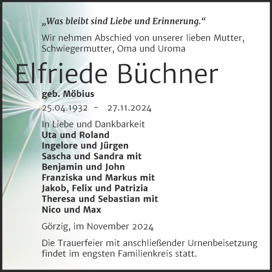 Traueranzeige von Elfriede Büchner 