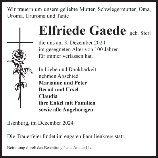 Traueranzeige von Elfriede Gaede von Volksstimme Wernigerode