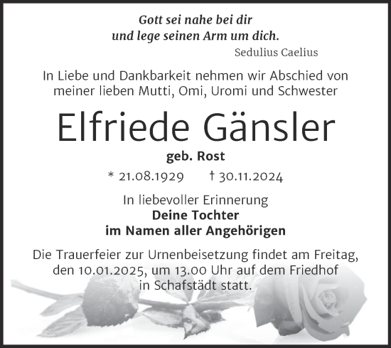 Traueranzeige von Elfriede Gänsler von Trauerkombi Merseburg