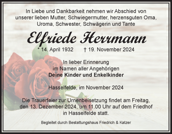 Traueranzeige von Elfriede Herrmann von Volksstimme Wernigerode