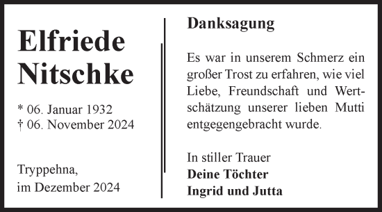 Traueranzeige von Elfriede Nitschke von Volksstimme Burg/Genthin