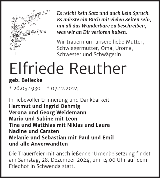 Traueranzeige von Elfriede Reuther von Trauerkombi Sangerhausen
