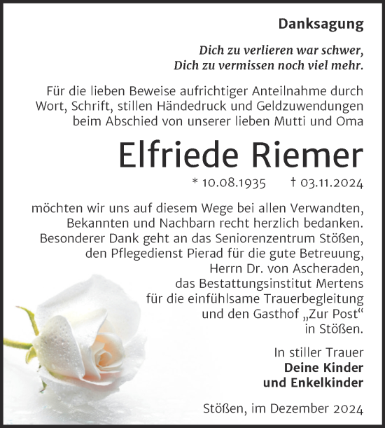 Traueranzeige von Elfriede Riemer von Super Sonntag Naumburg/Nebra