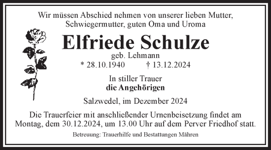 Traueranzeige von Elfriede Schulze von Volksstimme Altmark West