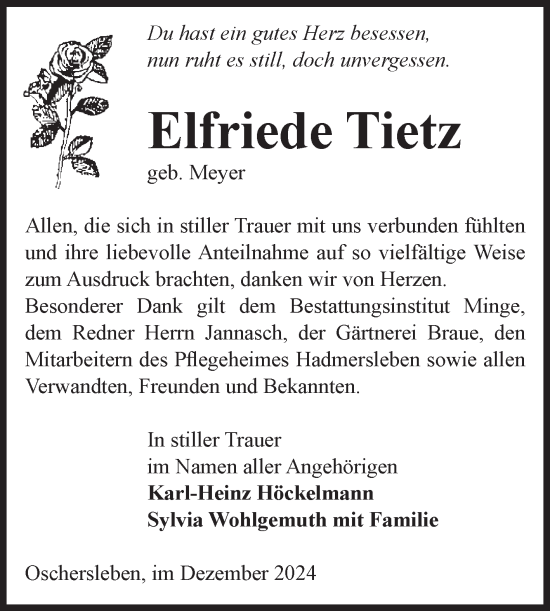 Traueranzeige von Elfriede Tietz von Volksstimme Oschersleben/Wanzleben