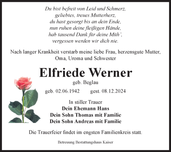 Traueranzeige von Elfriede Werner von Volksstimme Staßfurt