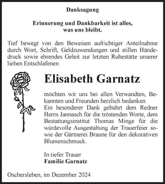 Traueranzeige von Elisabeth Garnatz von Volksstimme Oschersleben/Wanzleben
