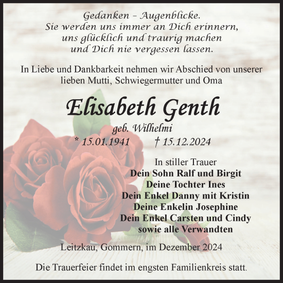 Traueranzeige von Elisabeth Genth von Volksstimme Zerbst