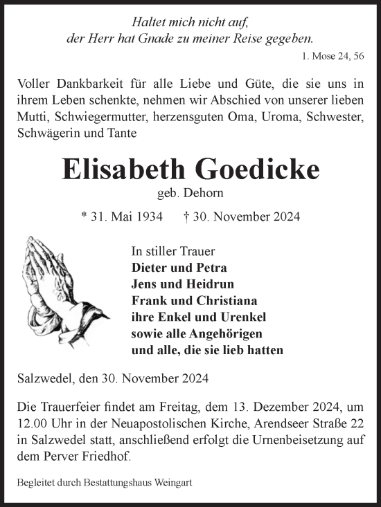 Traueranzeige von Elisabeth Goedicke von Volksstimme Altmark West