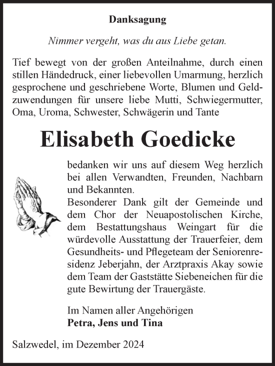 Traueranzeige von Elisabeth Goedicke von Volksstimme Altmark West