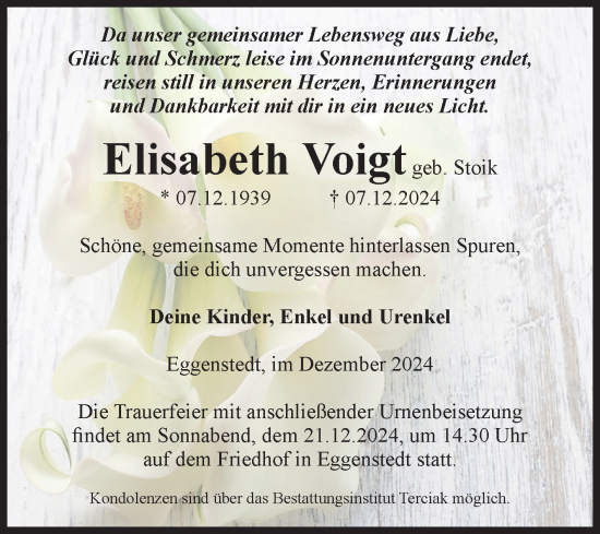 Traueranzeige von Elisabeth Voigt von Volksstimme Oschersleben/Wanzleben