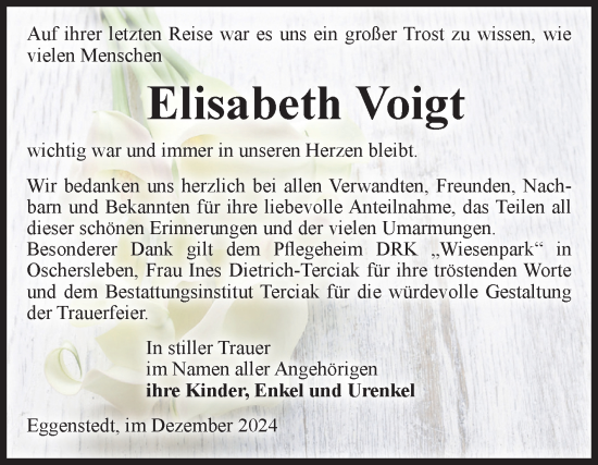 Traueranzeige von Elisabeth Voigt von Volksstimme Oschersleben/Wanzleben