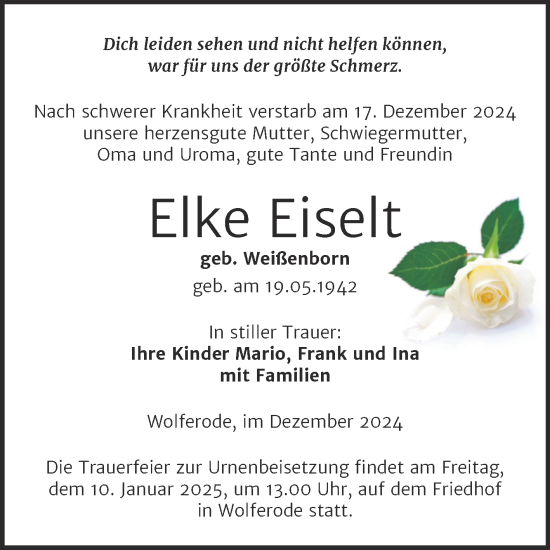 Traueranzeige von Elke Eiselt von Trauerkombi Mansfelder Land